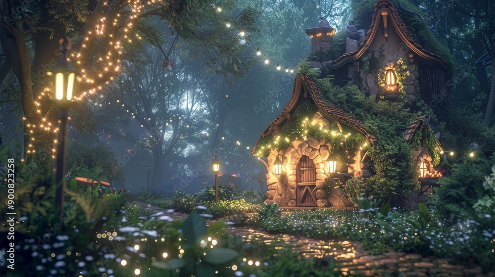Obraz premium A quaint, rustic stone cottage in the forest, highlighted by dainty glowing lights, surrounded by flowers and greenery, creating a tranquil, fairy-tale atmosphere under the moonlight.