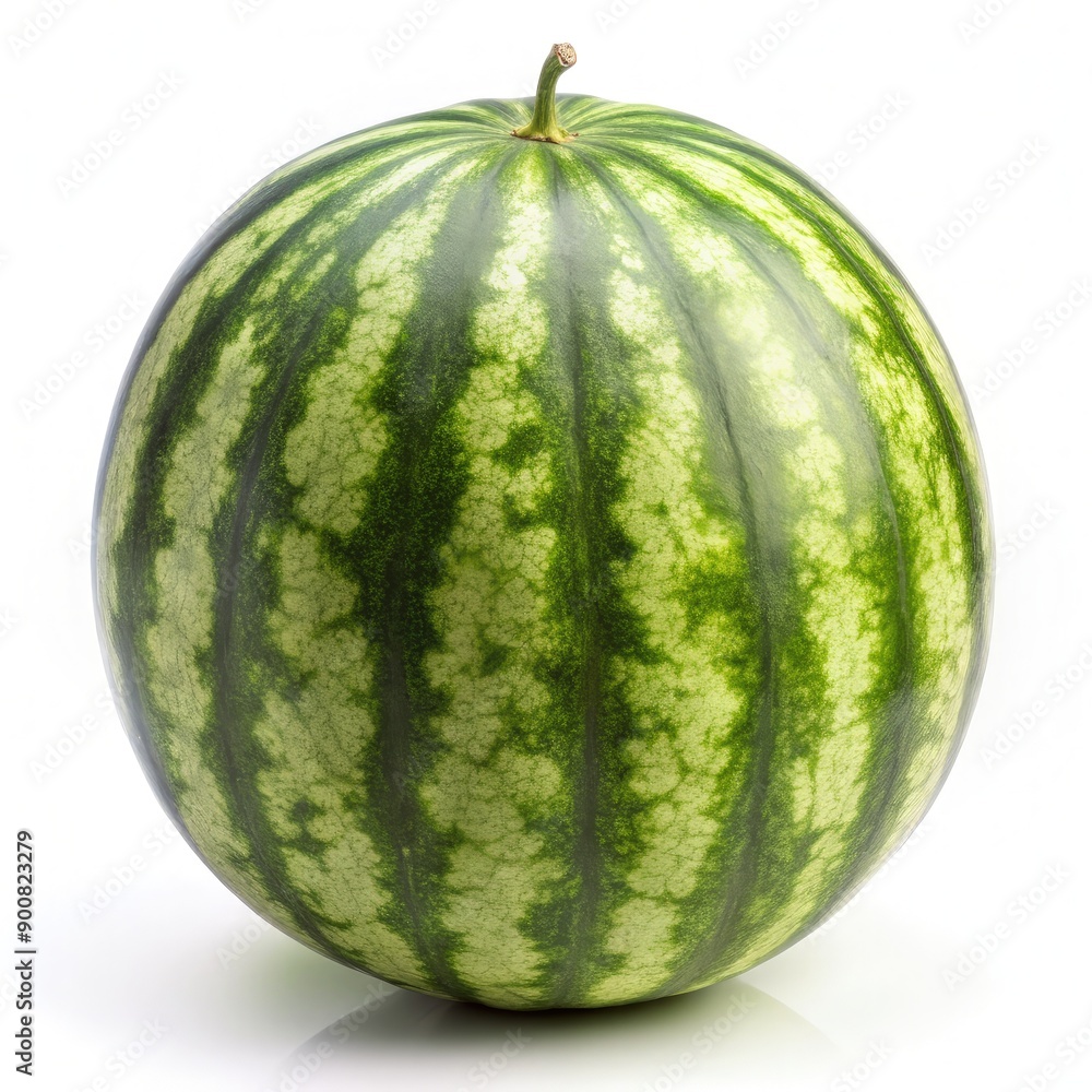 Close-Up View of a Fresh Watermelon on a White Background Showing Its Striped Skin and Glossy Surface. Generative AI Close-Up View of a Fresh Watermelon on a White Background Showing Its Striped Skin and Glossy Surface. Generative AI