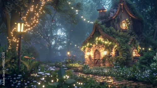 Wallpaper Mural A quaint, rustic stone cottage in the forest, highlighted by dainty glowing lights, surrounded by flowers and greenery, creating a tranquil, fairy-tale atmosphere under the moonlight. Torontodigital.ca
