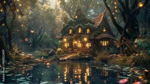 A snug cottage ensconced by a tranquil forest pond, softly illuminated by lanterns, exuding an aura of warmth and cozy solitude amidst serene natural surroundings.
