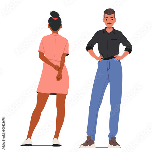 Woman In The Pink Dress And Man In Black Shirt Standing Together In Different Positions. Male And Female Characters