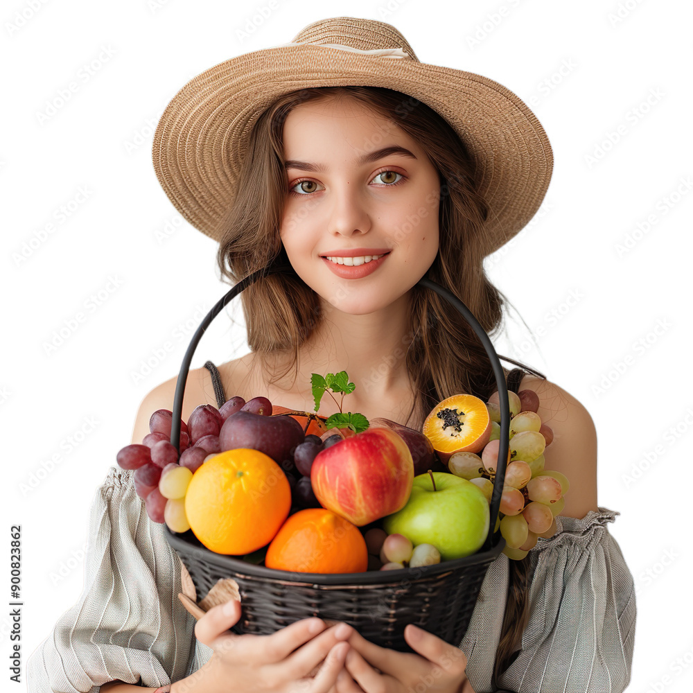 Nutrition fruits - Young woman holding a bucket of mixed fruits including apples, oranges, and grapes on a white background. Nutrition fruits - Young woman holding a bucket of mixed fruits including apples, oranges, and grapes on a white background.