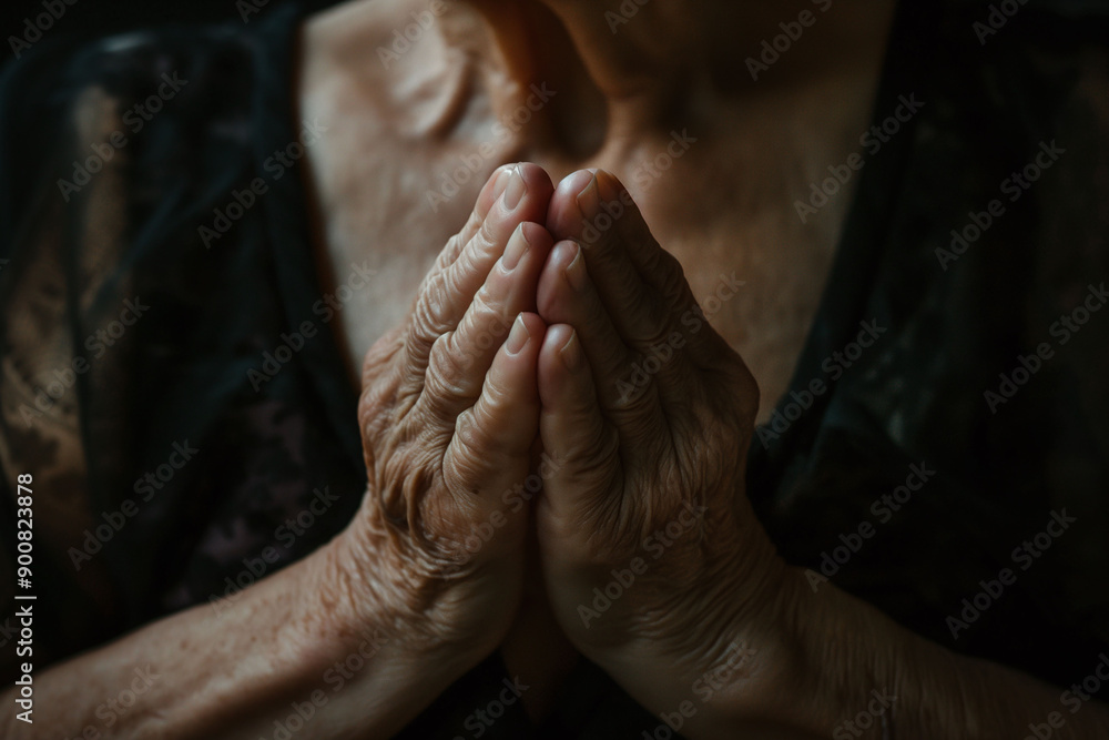 Fototapeta premium Close-up of elderly woman with wrinkled hands clasped together in prayer, showing signs of age and devotion