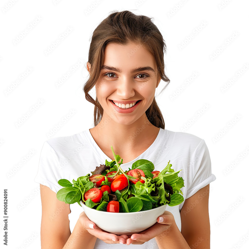 Nutrition - Happy woman holding a healthy salad nutrition bowl on a white background. Nutrition - Happy woman holding a healthy salad nutrition bowl on a white background.
