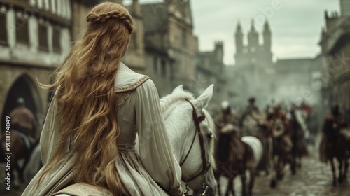 Queen godiva rides on a white horse to coventry streets, the whole streets are empty, 1000 years ago