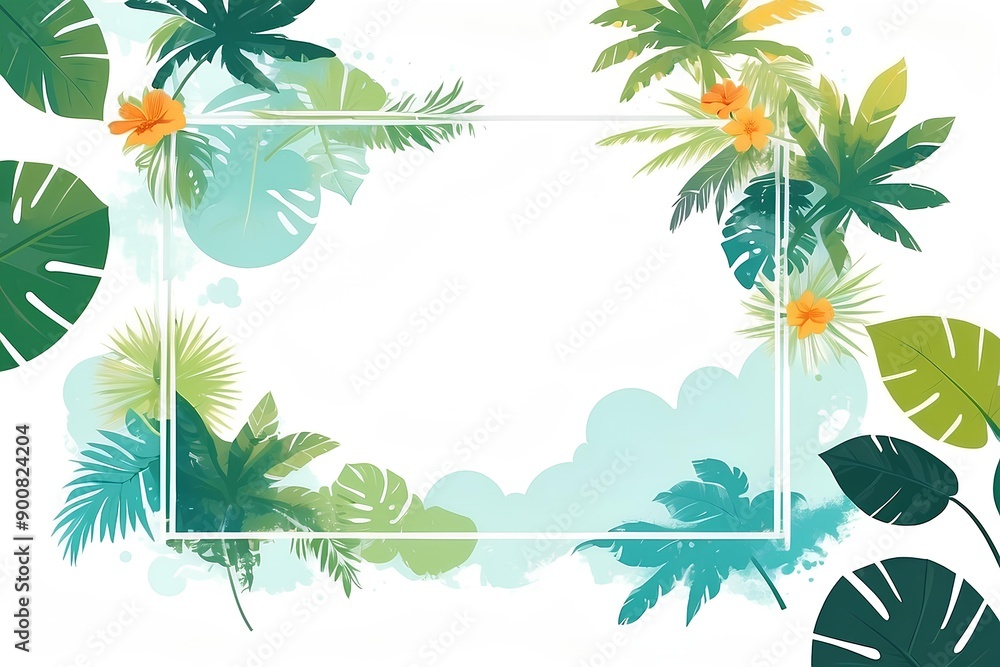 custom made wallpaper toronto digitalTropical Paradise Frame: A serene escape with a minimalist white frame nestled amidst lush tropical foliage, vibrant flowers, and airy blue watercolor accents