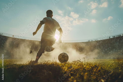 A soccer player in motion, running and kicking a ball on a stadium field during sunset photo