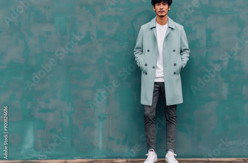 Man in Teal Trench Coat Standing in Front of a Wall