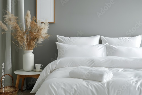 White Bed With Lamp and Plant in Bedroom