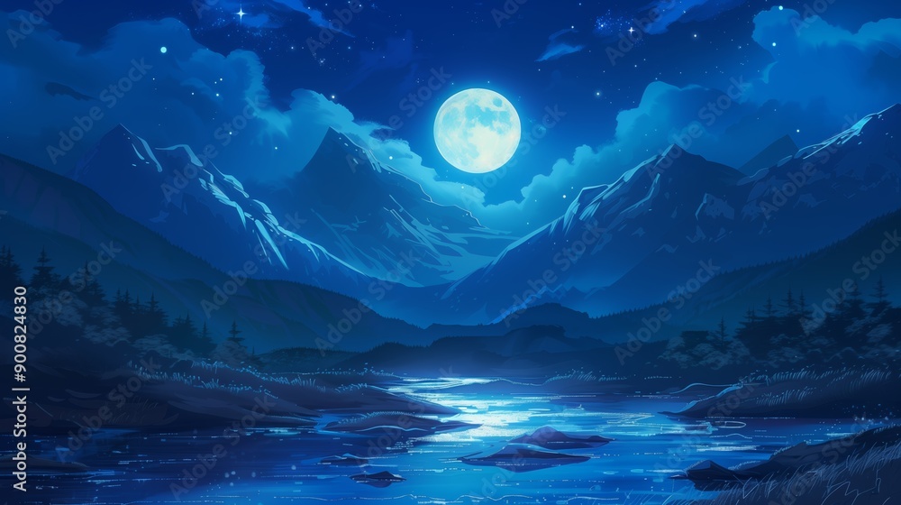 Beautiful Moon and River at Night with Mountains and Stars. Beautiful Moon and River at Night with Mountains and Stars.