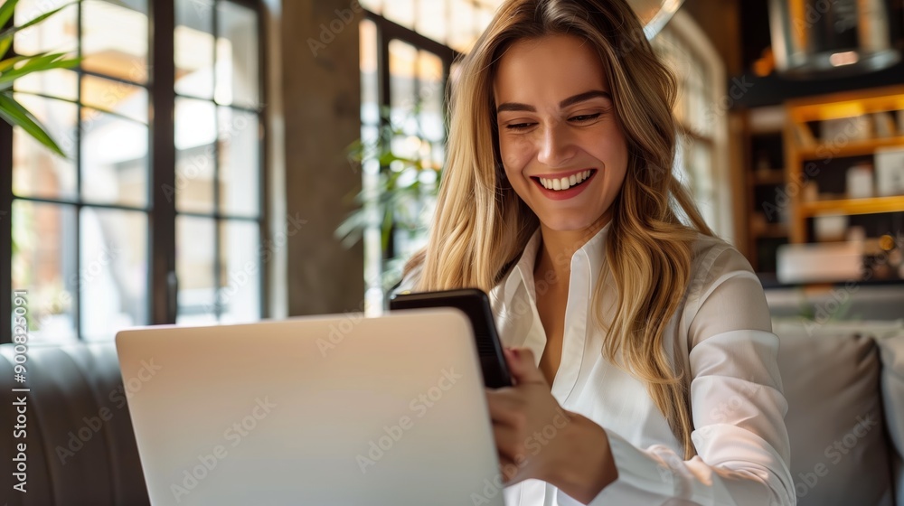 Photo of Young happy busy business woman Photo of Young happy busy business woman