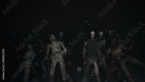 Scary rotting zombies are looking at you, zombie apocalypse horror. red tones, volumetric light, hand-held camera.