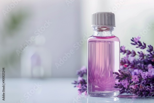 Lavender Oil Bottle and Flowers