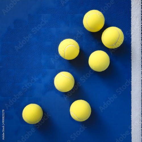 Overhead view of group of yellow padel balls on blue court