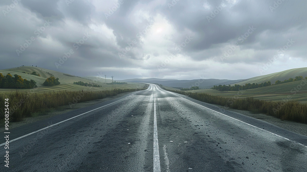 Naklejka premium Long Road Through Vast Landscape with Blue Sky