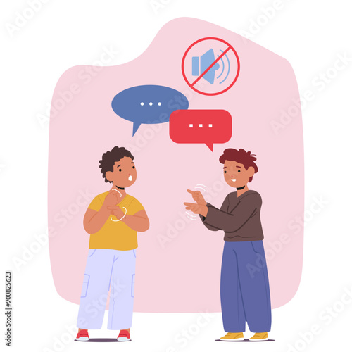 Two Boys Communicating In Sign Language. Characters Standing Under the No Sound Sign, Vector Illustration