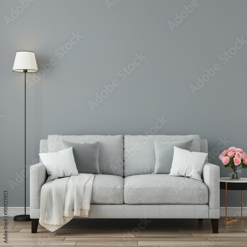 Grey Sofa in Living Room With Floor Lamp