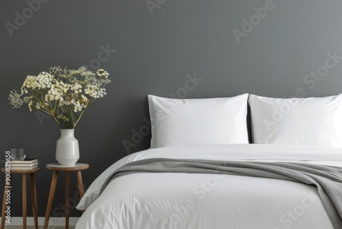 White Bed With Lamp and Plant in Bedroom