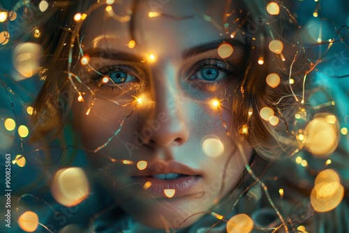 Closeup of a mesmerizing woman's face entwined with twinkling fairy lights