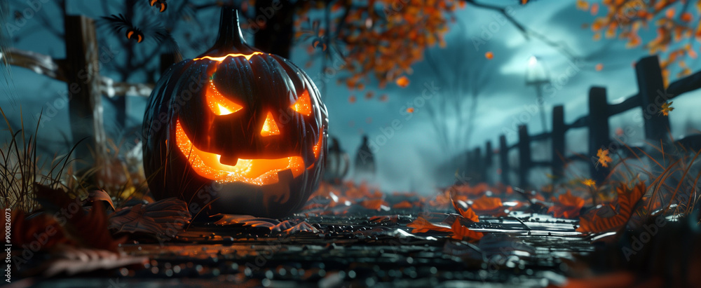 A spooky Halloween pumpkin grins in the moonlight, surrounded by an eerie graveyard with foggy moonlight and ghostly figures at night. A spooky Halloween pumpkin grins in the moonlight, surrounded by an eerie graveyard with foggy moonlight and ghostly figures at night.