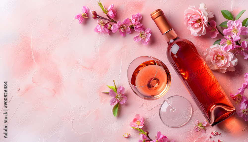 Rose wine glass with bottle on blush background and pink flowers. Rosado, rosato pink wine tasting Rose wine glass with bottle on blush background and pink flowers. Rosado, rosato pink wine tasting