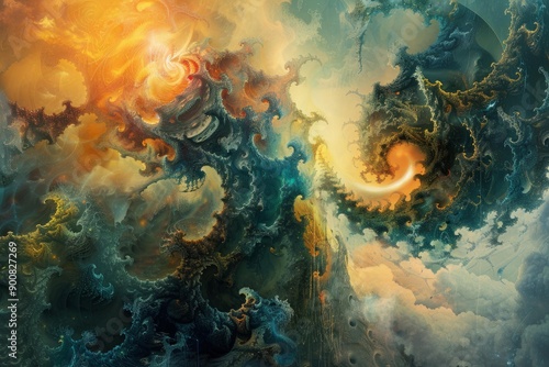 Abstract digital artwork with intricate fractal patterns and warm color palette