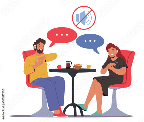 Cartoon Man And Woman Converse Using Sign Language At A Kitchen Or Cafe Table, Emphasizing Deaf Communication
