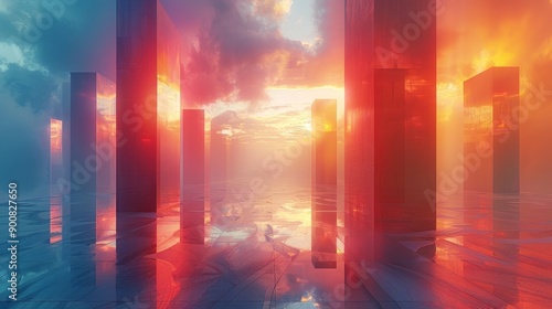 Abstract Red Sunset Landscape with Glass Pillars