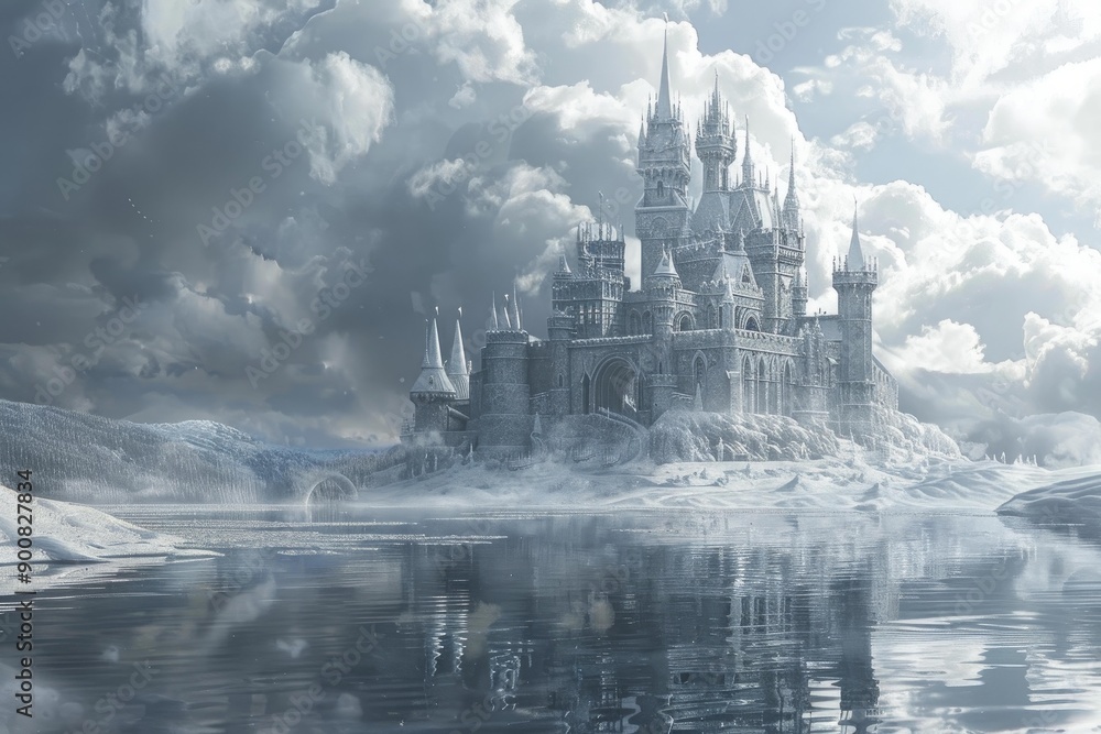 Majestic and enchanting winter castle landscape with a snowy and frozen lake, dramatic sky, and mystical atmosphere, creating a fairytale wonderland in a serene and tranquil nature setting Majestic and enchanting winter castle landscape with a snowy and frozen lake, dramatic sky, and mystical atmosphere, creating a fairytale wonderland in a serene and tranquil nature setting