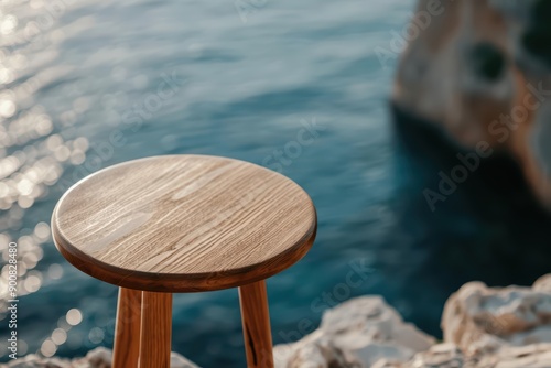 A compact style wood table positioned by a seaside cliff