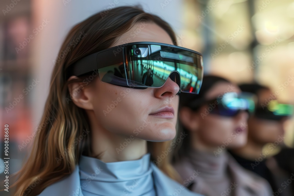 People using augmented reality glasses to interact, social technology, innovation People using augmented reality glasses to interact, social technology, innovation