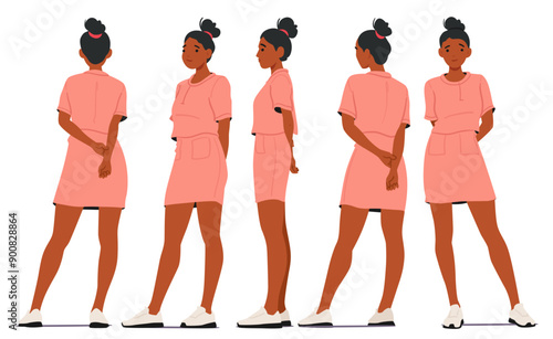 Young Black Woman Wearing A Pink Dress And White Sneakers Is Depicted From Multiple Angles, Including Front, Back, Side