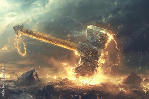 Majestic illustration of thor's mjolnir hammer amidst a lightning storm, evoking norse mythology