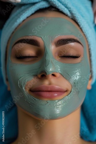 Beautiful young woman with a mask on her face in a spa salon, smile, close-up