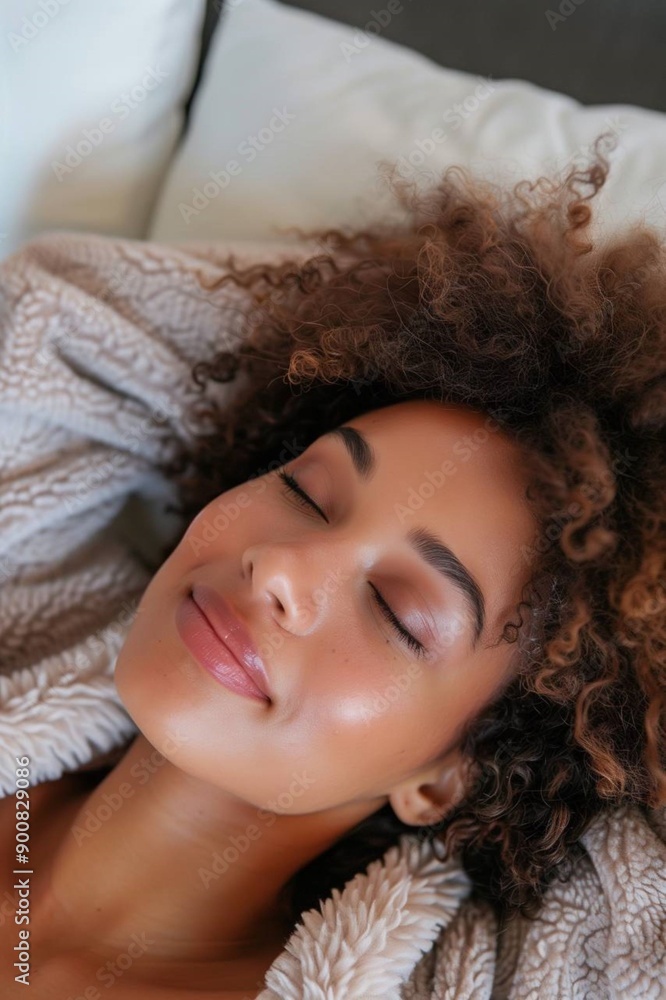 Portrait of a beautiful young African American woman lying on the sofa, eyes closed, smiling. Close-up. Portrait of a beautiful young African American woman lying on the sofa, eyes closed, smiling. Close-up.