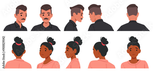 Headshots Of The Man And Woman Are Shown In Various Angles. Male Character Has A Mustache And Short Hair