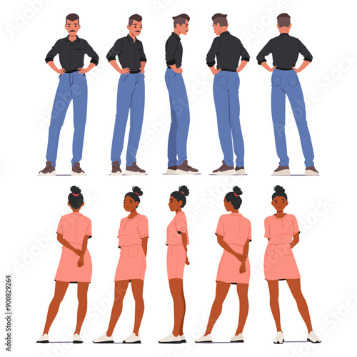 Man In A Black Shirt And Blue Pants Is Shown In Various Angles, Standing With Hands On Hips. Woman In A Pink Dress