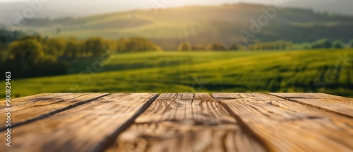 An ultramodern supernatural scene of a wood table in a comfortable style set against a meadow view