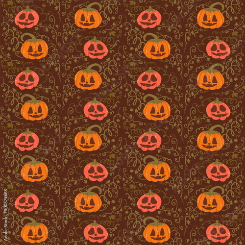 Halloween seamless pattern. All Hallows' Eve continuous background. Pumpkins repeat surface cover. Jack o lantern. Vector hand drawn illustration.