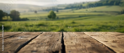 An ultramodern supernatural scene of a wood table in a comfortable style set against a meadow view