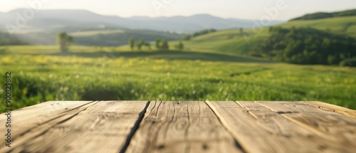 An ultramodern supernatural scene of a wood table in a comfortable style set against a meadow view