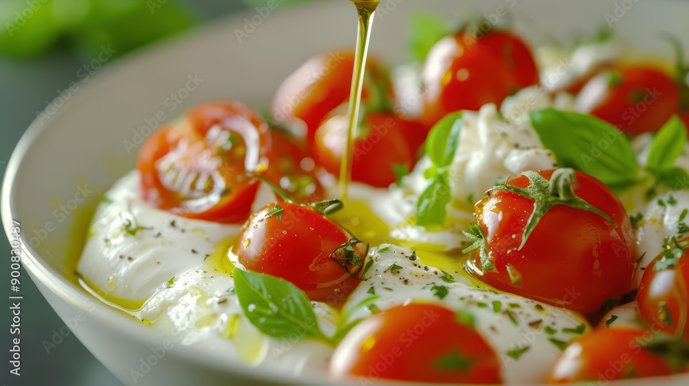 Creamy burrata explosion paired with ripe tomatoes and a drizzle of olive oil, creating a decadent and refreshing appetizer, Italian delicacy, banner, with copy space Creamy burrata explosion paired with ripe tomatoes and a drizzle of olive oil, creating a decadent and refreshing appetizer, Italian delicacy, banner, with copy space