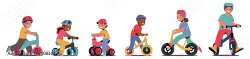 Children Characters Riding Various Types Of Push Bikes. Each Child Wears A Helmet For Safety. Cartoon Vector Image
