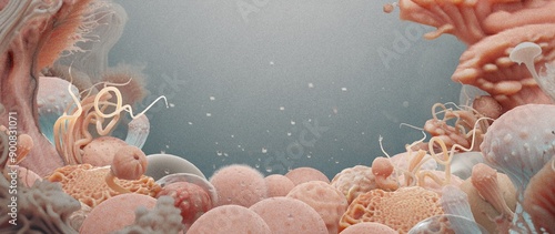 a surreal microcosm, strange fantastic microorganisms. a living landscape. Biological structures form a frame