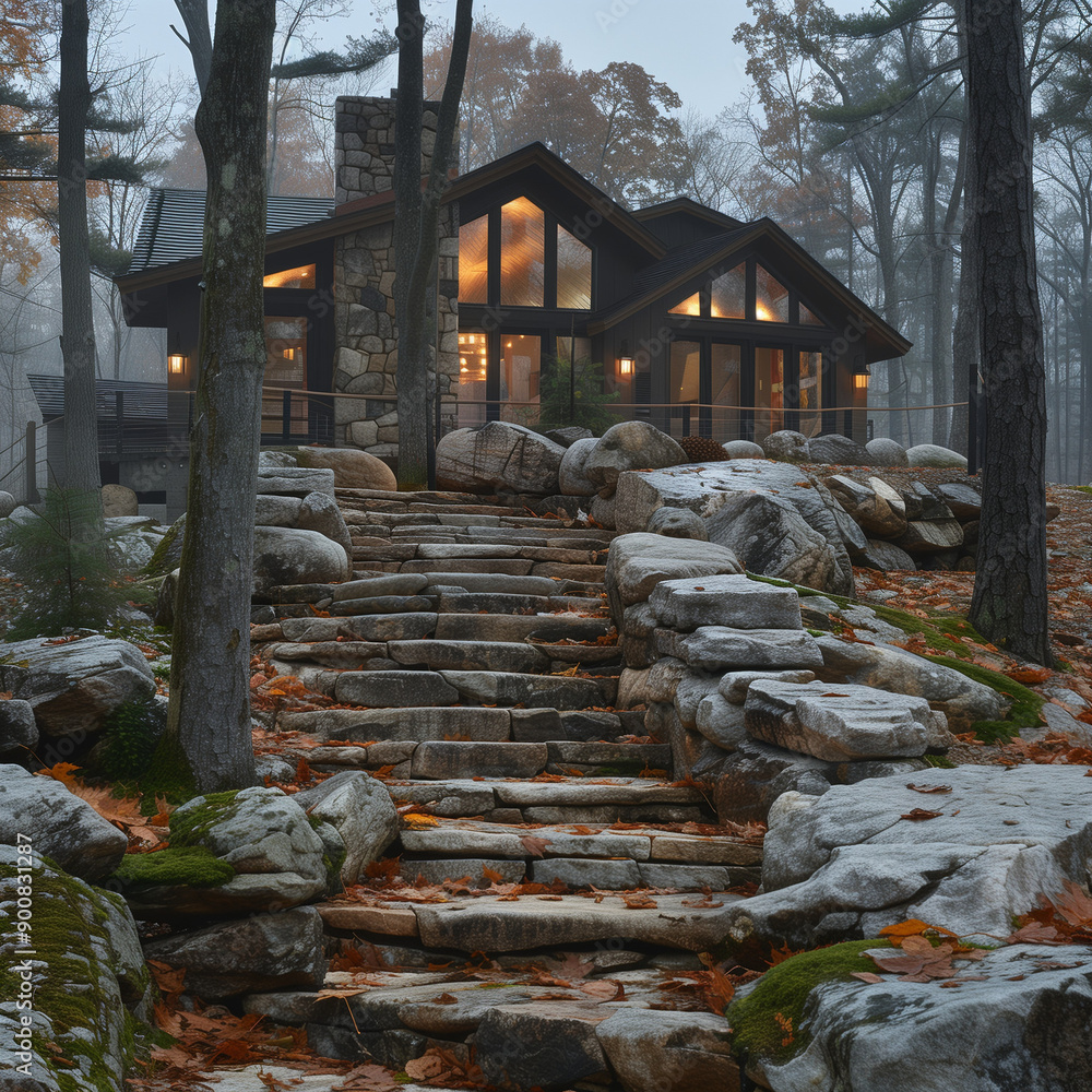 Fototapeta premium Mountain Cabin Entry Via Sturdy Stone Steps: A Stylized Approach to Rustic Charm