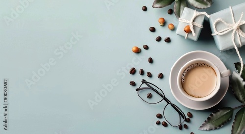 Coffee and Gifts on Blue Background