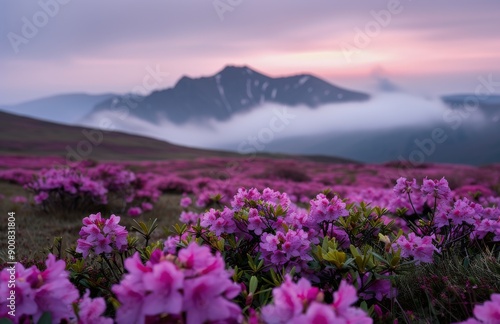 Purple Flowers Bloom on Mountainside at Sunset