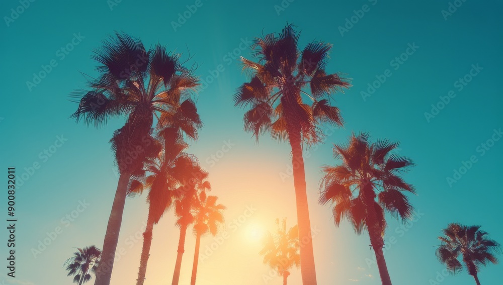 Palm Trees Silhouette Against Sunny Sky Palm Trees Silhouette Against Sunny Sky