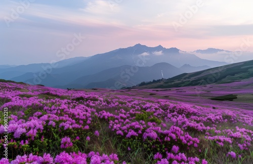 Purple Flowers Bloom on Mountainside at Sunset