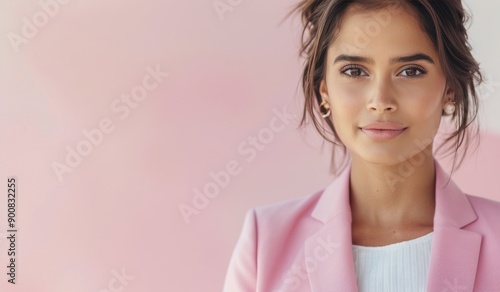 Woman in Pink Blazer Smiles Against a Pink Wall